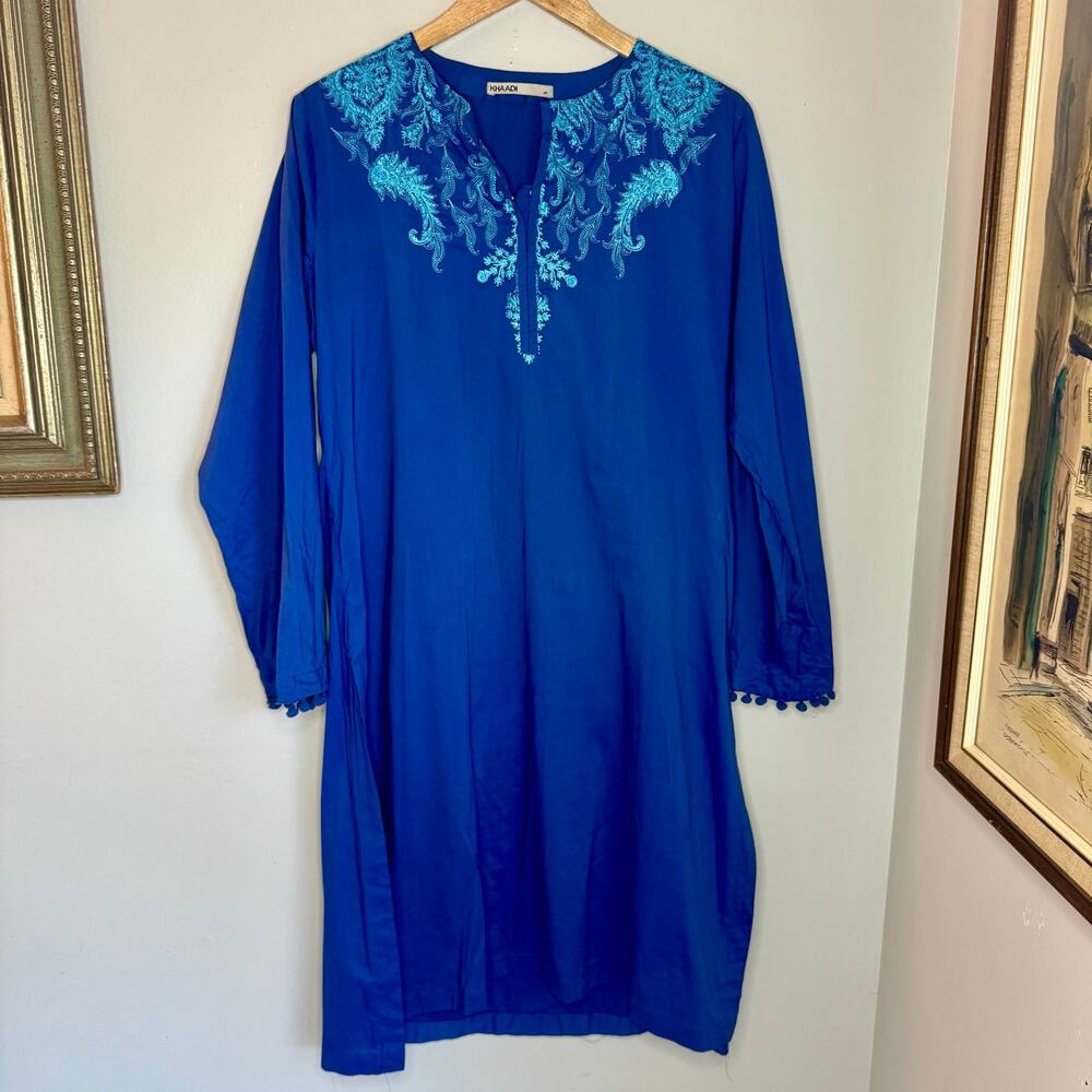 Khaadi Blue Embroidered Kurta Tunic Dress Long Sleeve Cotton Viscose Size 14